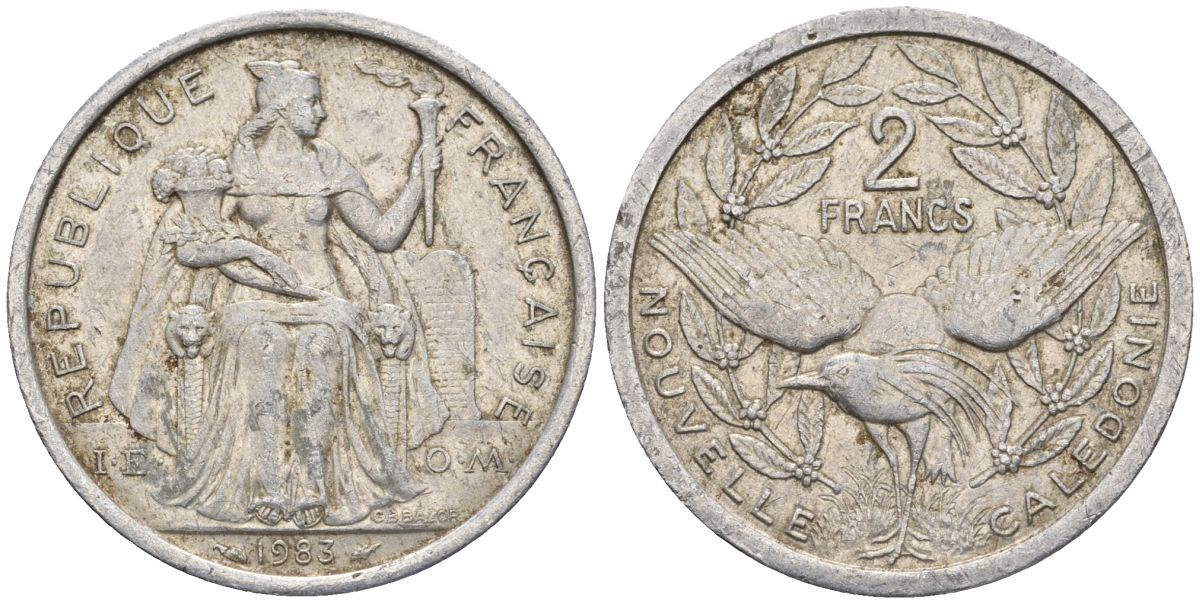 Французская Новая Каледония 2 франка 1983 птица кагу, (IEOM) KM 14, Schoen 11, Lec 63 алюминий    08-936