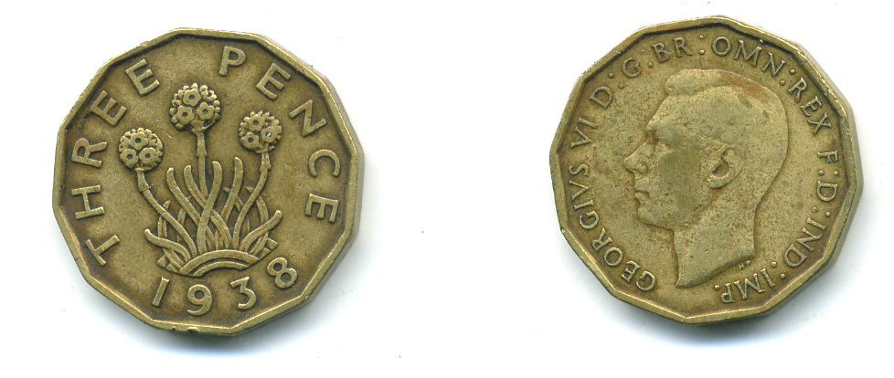 Великобритания 3 пенса 1938 Георг VI (1936-1952) KM 849, Spink 4112 никель латунь 4383-246