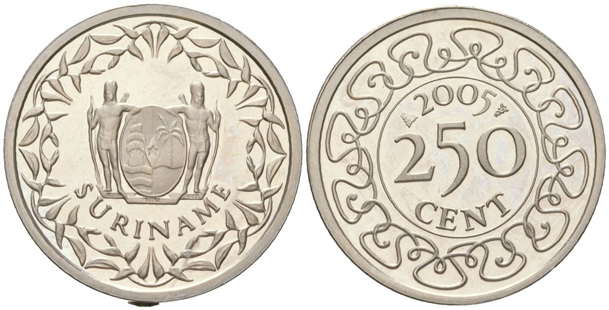 Суринам 250 центов 2005 KM 24 медно-никель PROOF 1523-1041