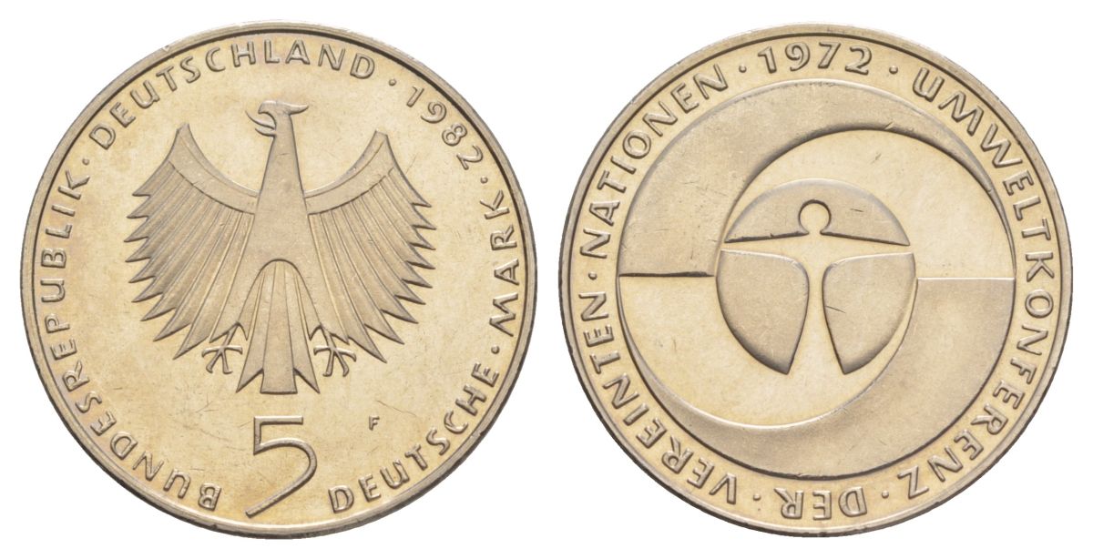 ФРГ 5 марок 1982 F, 10 лет конференции ООН по окружающей среде KM 157 медно-никелевый сплав с никелевым покрытием UNC 4599-1235