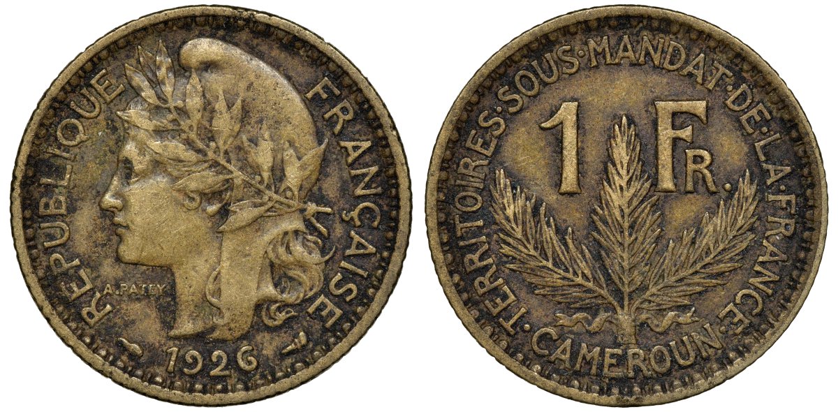 Французский Камерун 1 франк 1926 (а), монетный двор Париж KM 2 алюминиевая бронза 72-626