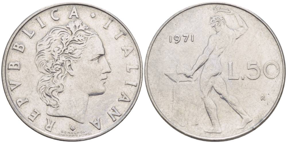 ИТАЛИЯ 50 ЛИР 1971 R, БОГ ОГНЯ ВУЛКАН У НАКОВАЛЬНИ KM 95.1 нержавеющая сталь 4551-354