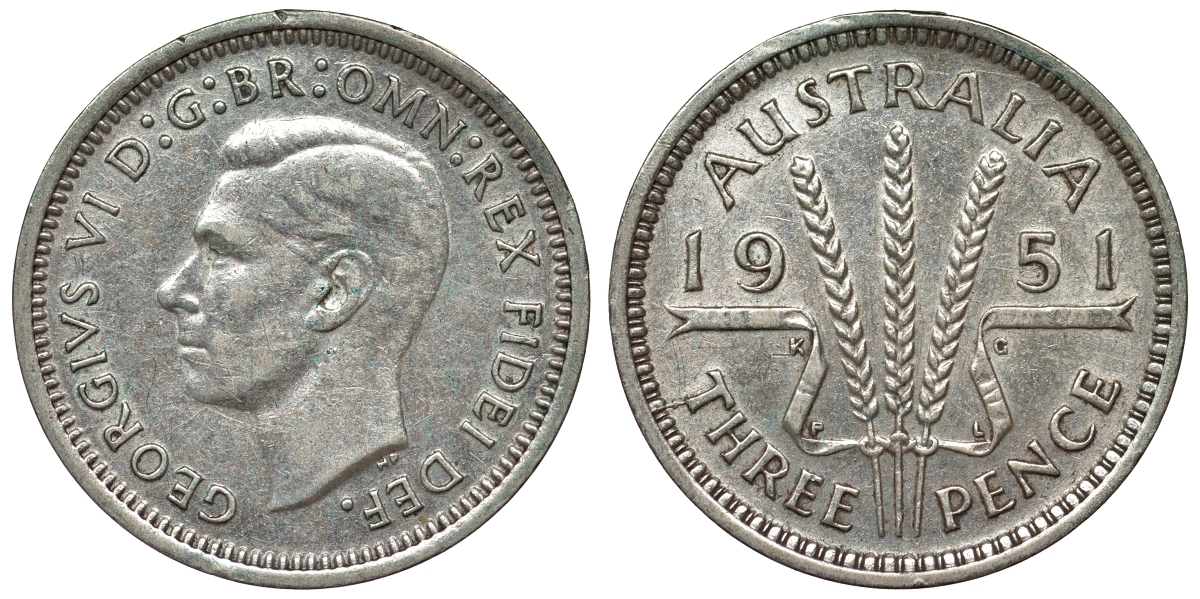 Австралия 3 пенса 1951 m, Георг VI (1937-1952), без букв KM 44 серебро 71-269