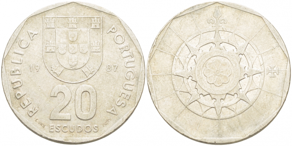 ПОРТУГАЛИЯ 20 ЭСКУДО 1987 INCM KM 634.1 медно-никель 77-743