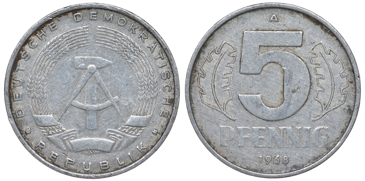 ГДР 5 пфеннигов 1968 A KM 9.1 алюминий 62-144