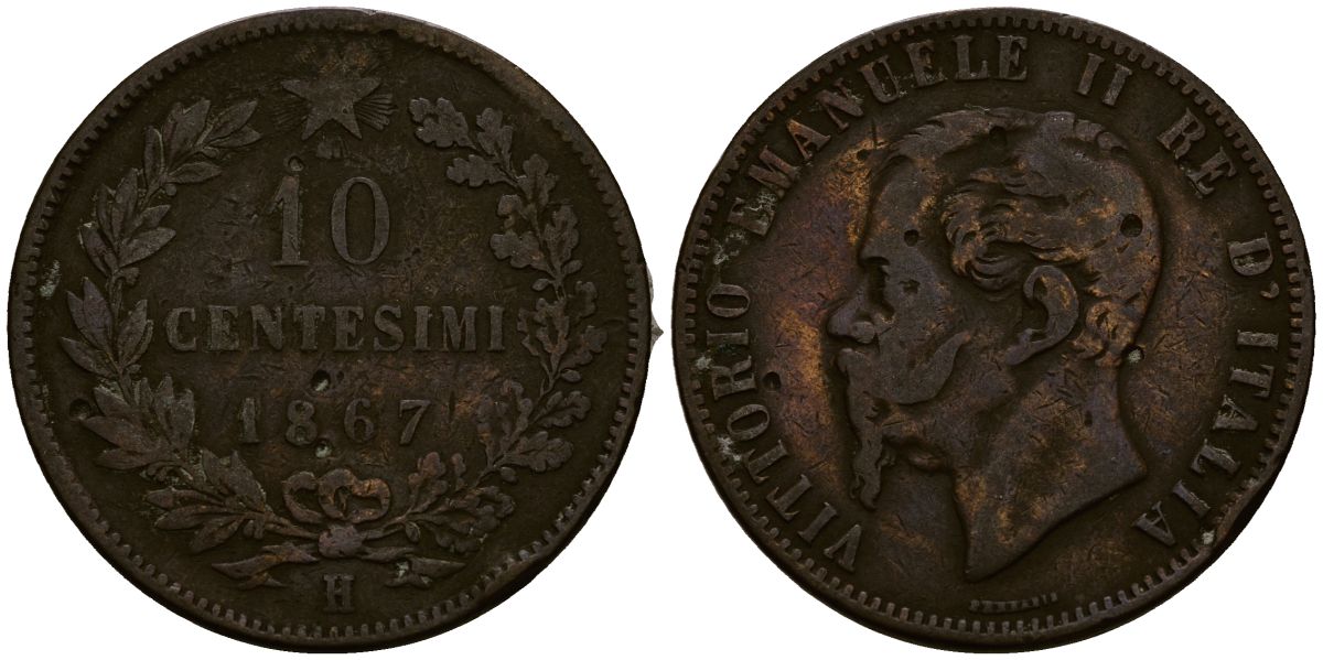 Италия 10 чентезимо 1867 H, Виктор Эммануил II (1861-1878) KM 11.3 медь 4168-1011