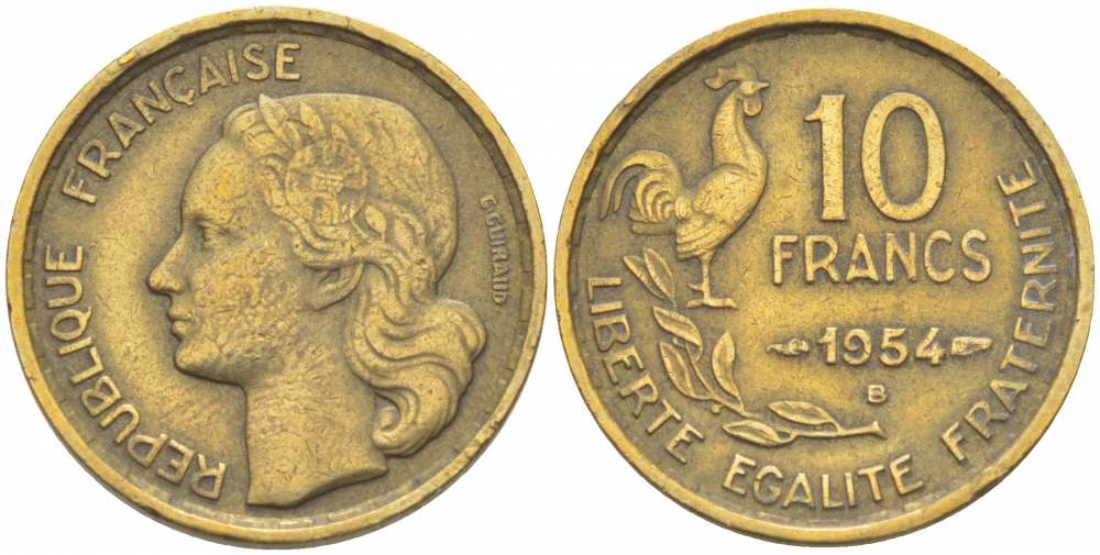 Франция 10 франков 1954 В, петух KM 915.2, Le Frank 363.11 алюминиевая бронза 3309-1125