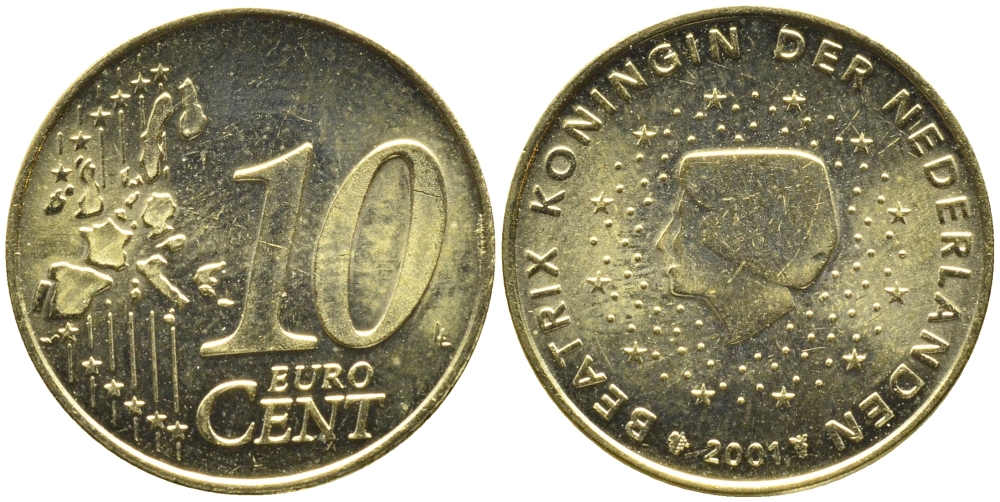 Нидерланды 10 евроцентов 2001 Беатрикс (1980-2013) KM 237 нордик UNC 4391-316