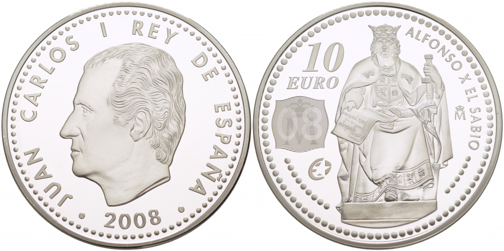 Испания 10 евро 2008 Альфонсо X Кастильский, мудрый, король Испании, астролог и астроном KM 1203 серебро  PROOF  00-00