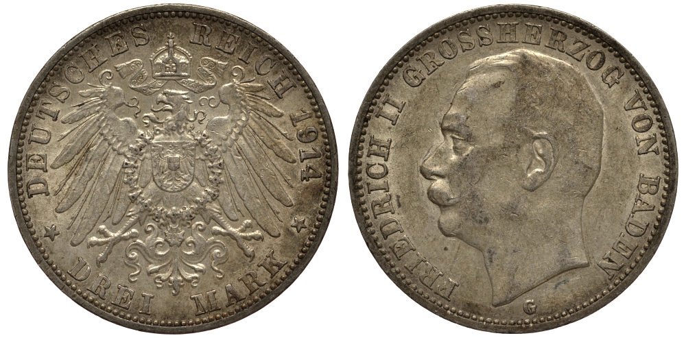 Баден 3 марки 1914 Фридрих II (1907-1918) J. 39, KM 280 серебро    3711-1743