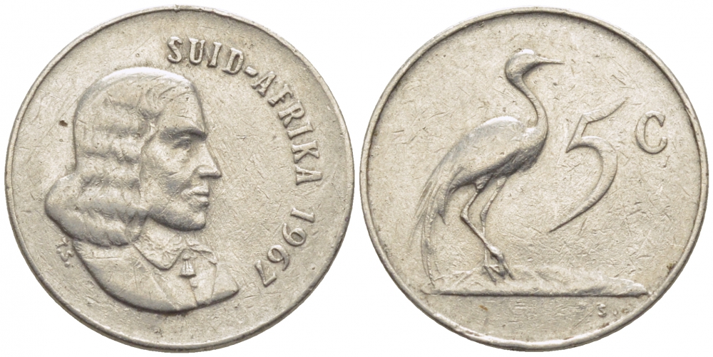 ЮАР 5 ЦЕНТОВ 1967 SUID, ПТИЧКА KM 67.2 никель 105-1022