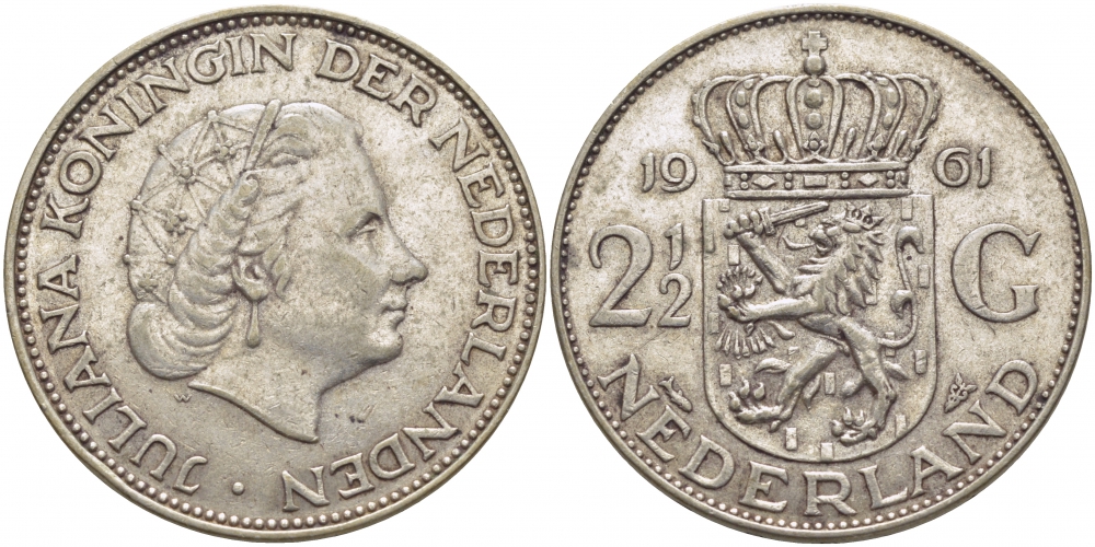Нидерланды 2 1/2 гульдена 1961 Юлиана (1848-1980) KM 185 серебро 114-531
