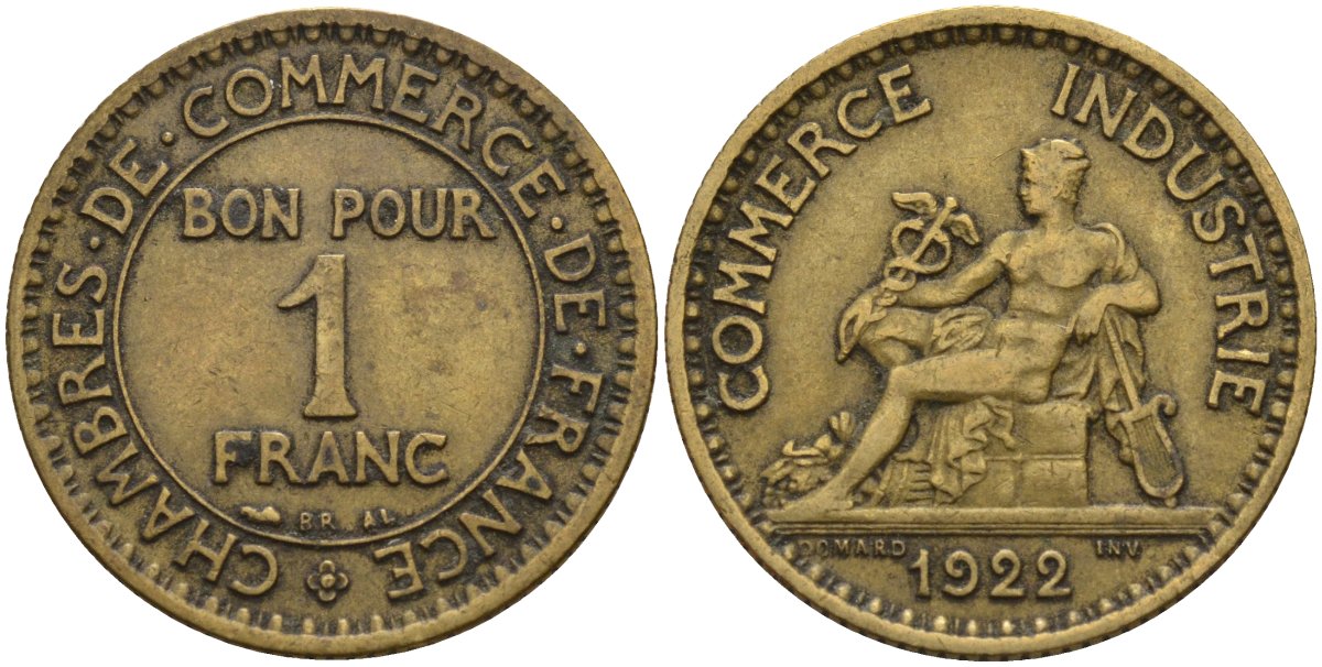 Франция 1 франк 1922 KM 876, Le Franc 218.5 алюминиевая бронза 4142-637