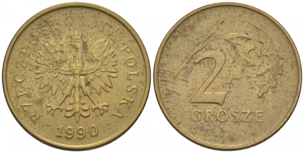 ПОЛЬША 2 ГРОША 1990 MW KM 277 латунь 214-754