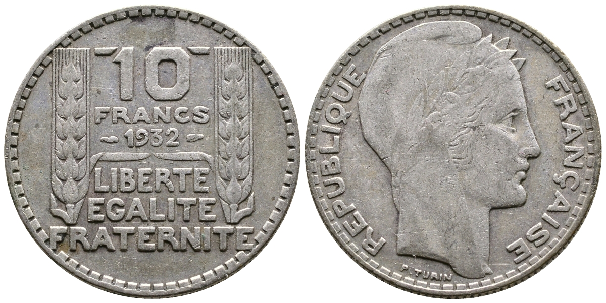 Франция 10 франков 1932 Пьер Тюрен KM 878, Le Franc 360.5 серебро 36-236