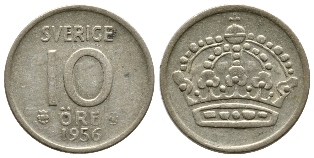 Швеция 10 эре 1956 TS, Густав VI Адольф (1950-1973) KM 823 серебро 3458-146