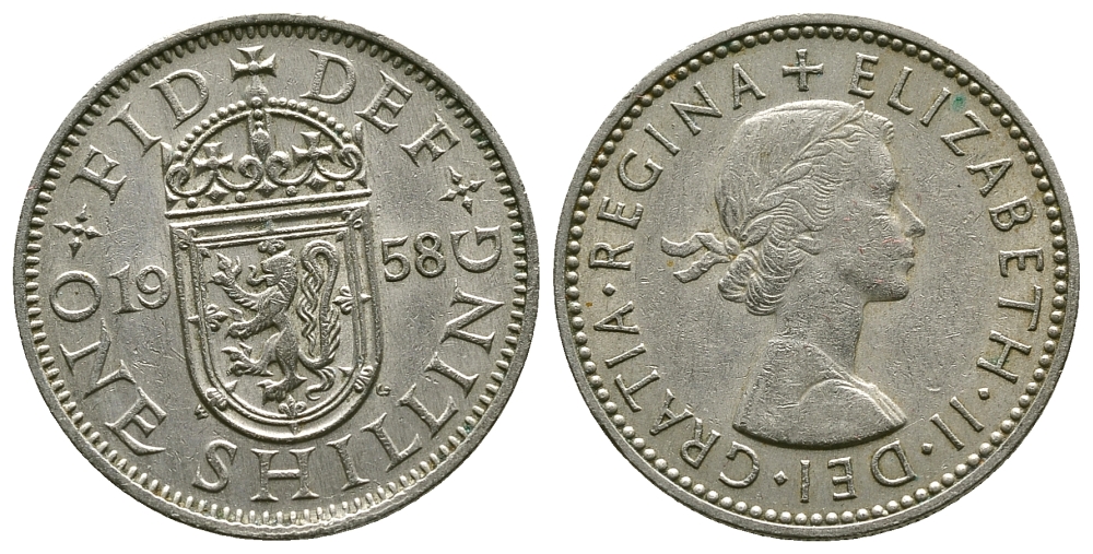 Великобритания 1 шиллинг 1958 Елизавета II (1952-2022), Шотландский герб KM 905, Spink 4148 медно-никель 4384-637