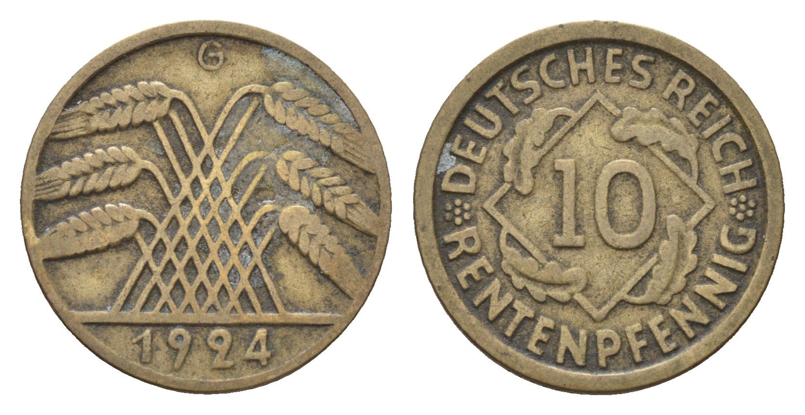 Германия 10 рентенпфеннигов 1924 G KM 33, J. 309 алюминиевая бронза 4606-235