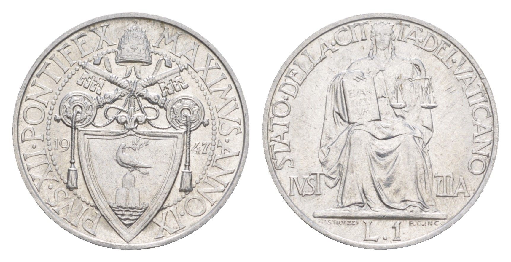 Ватикан 1 лира 1947 MCMXLVII, Пий XII KM 40 алюминий 1529-1021