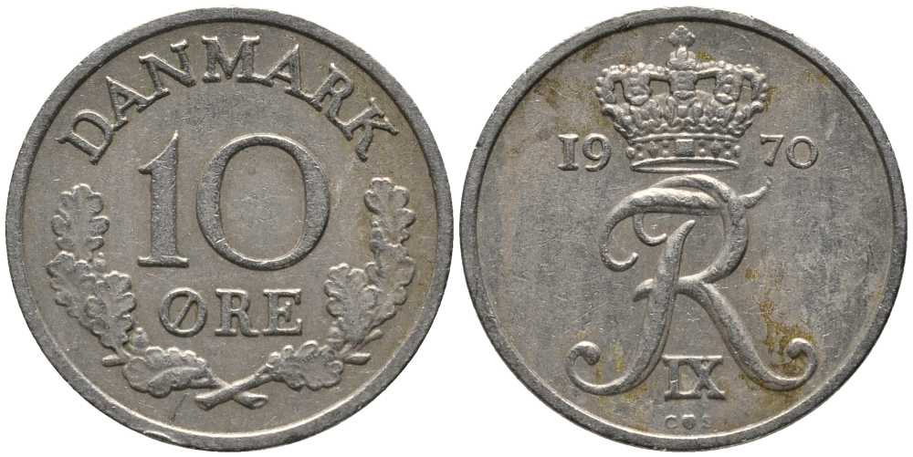 ДАНИЯ 10 ЭРЕ 1970 C; S, ФРЕДЕРИК IX (1947-1972) KM 841.3 медно-никель 116-228