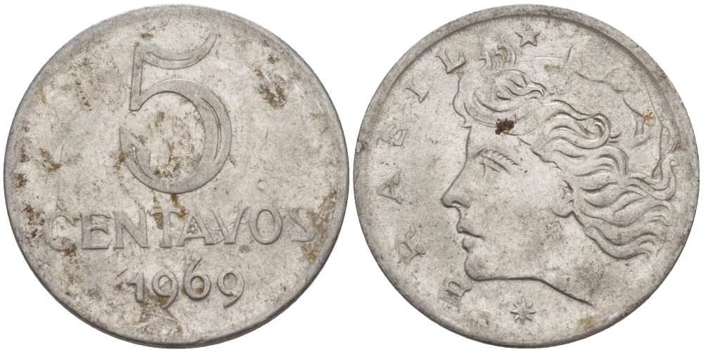 Бразилия 5 сентаво 1969 реформа 1967-1985, голова свободы влево KM 577.1 нержавеющая сталь 35-343