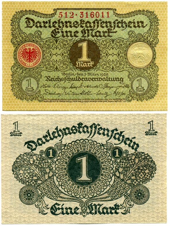 ГЕРМАНИЯ 1 МАРКА 1920 1 МАРТА 1920, ВЕЙМАРСКАЯ РЕСПУБЛИКА Pick 58 бумага аUNC 7548-77-4-2