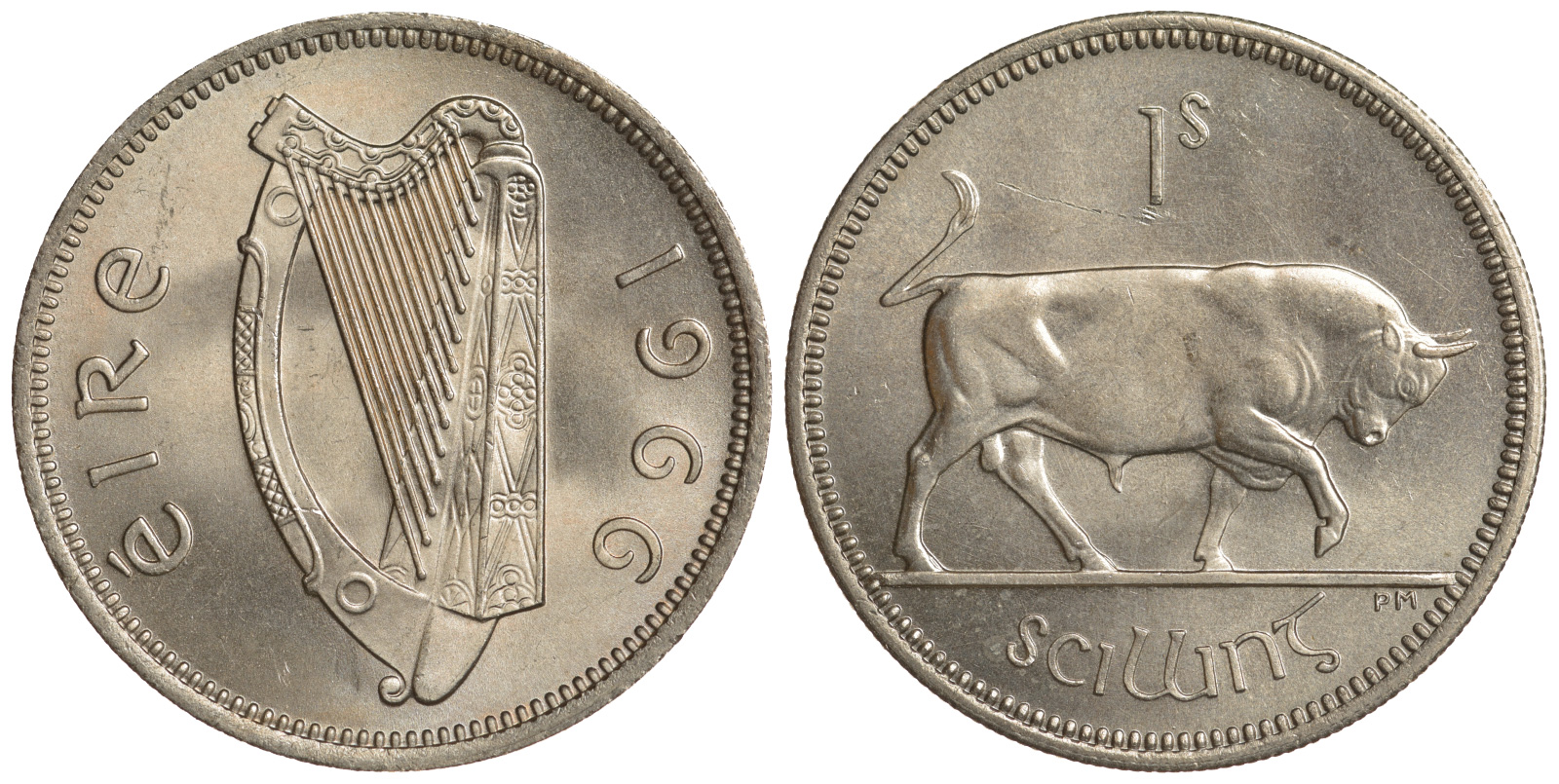 ИРЛАНДИЯ 1 ШИЛЛИНГ 1966 БЫК KM 14a медно-никель UNC 4390-355