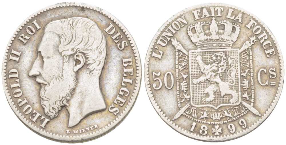 БЕЛЬГИЯ 50 САНТИМОВ 1899 ЛЕОПОЛЬД II (1865-1909) BELGES KM 26 серебро VF 206-117