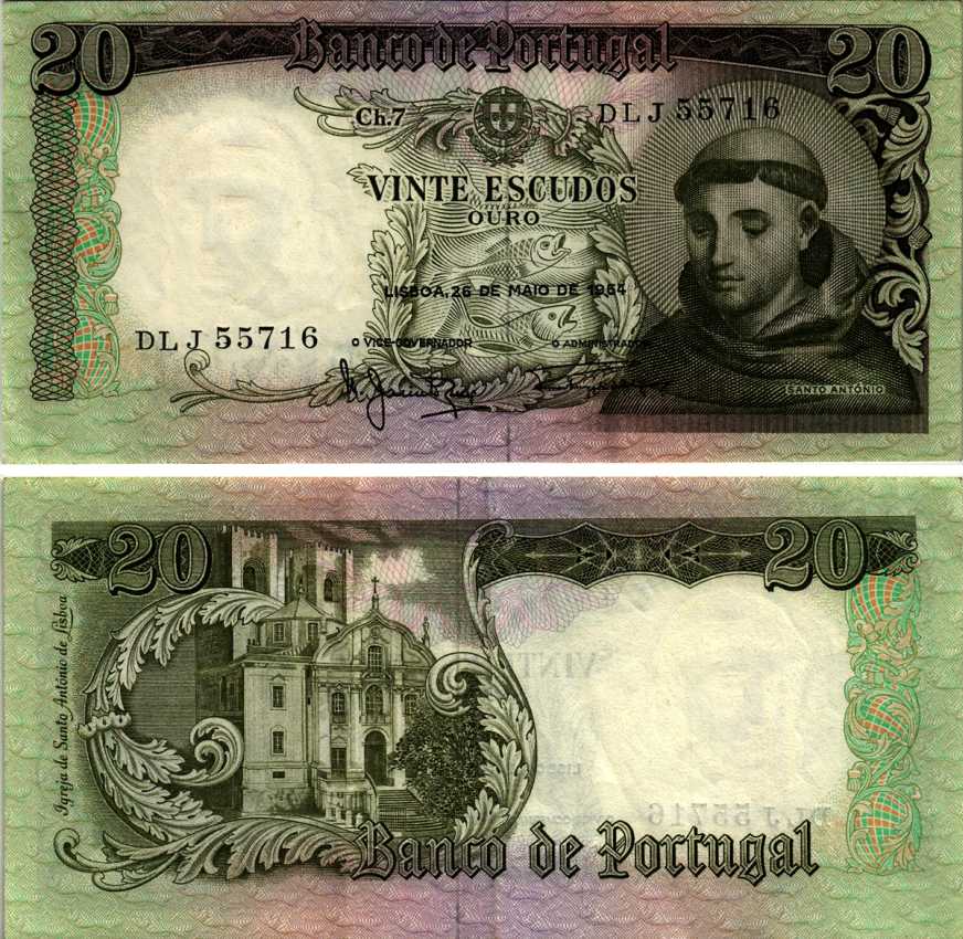 Португалия 20 эскудо 1964 Антоний Падуанский Pick 167 b бумага 6281-2-2-1