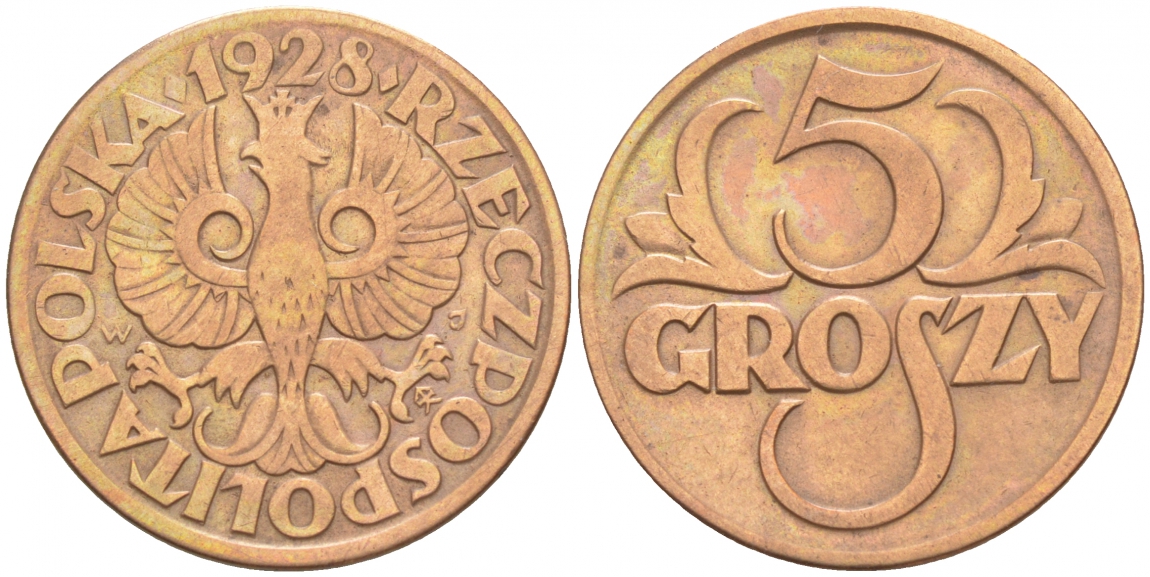 ПОЛЬША 5 ГРОШЕЙ 1928 w KM 10а бронза 100-952
