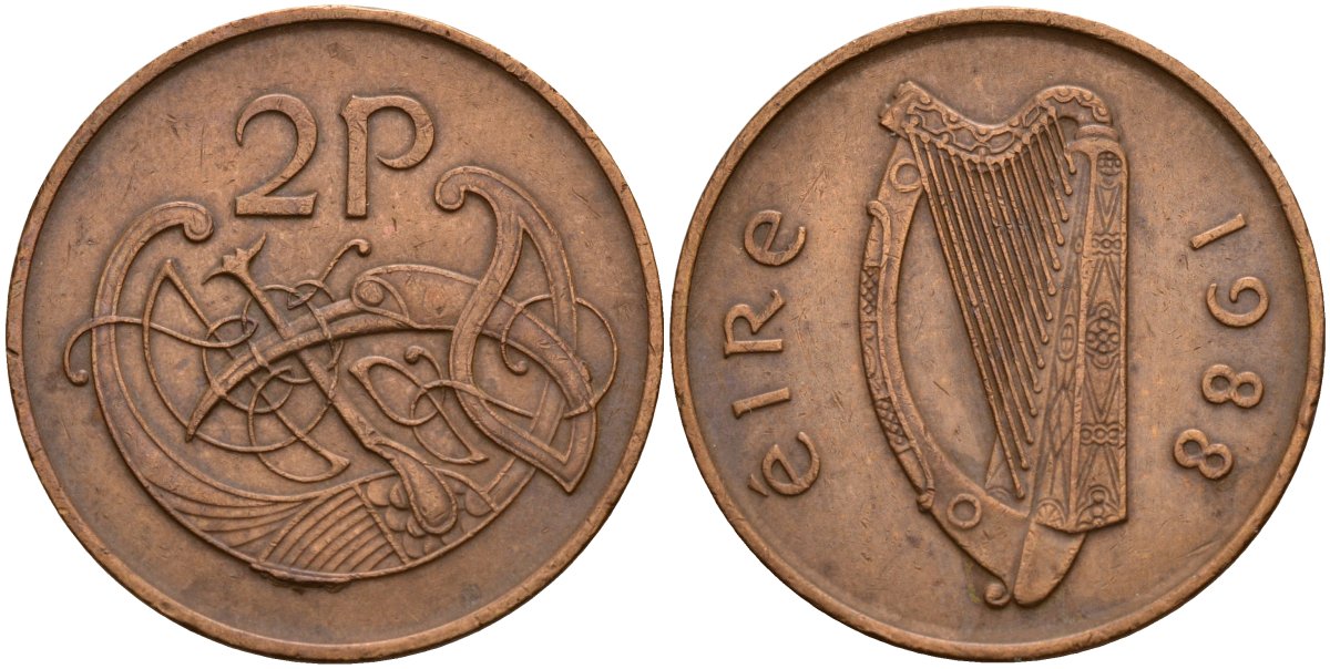 Ирландия 2 пенсов 1988 Виньетка в виде стилизованной птицы из второй библии Карла II Лысого KM 21 бронза 4140-312