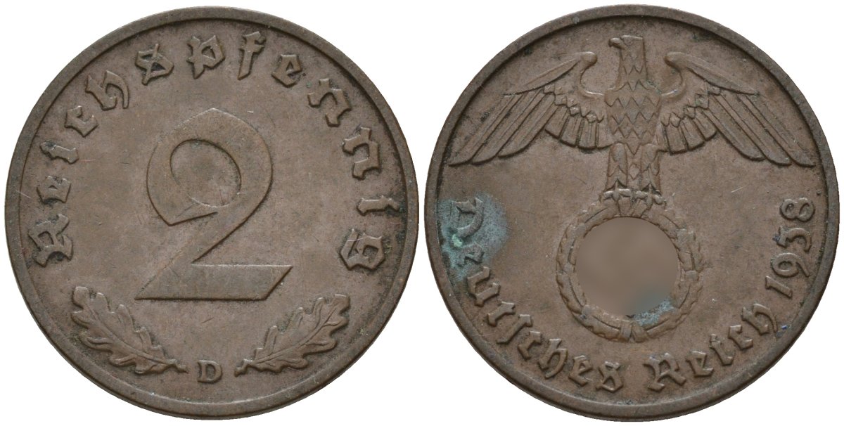 Германия 2 рейхспфеннига 1938 D KM 90, J. 362 бронза 4147-1268
