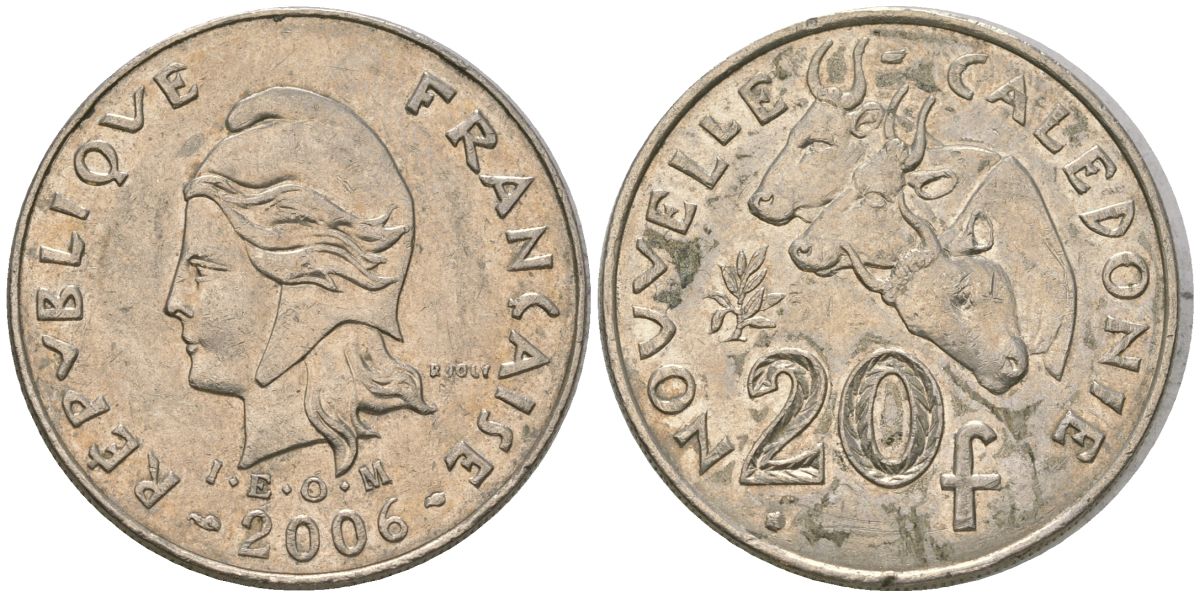 Французская Новая Каледония 20 франков 2006 три быка, (IEOM) KM 12a, Schoen 14a медно-никель 4131-816