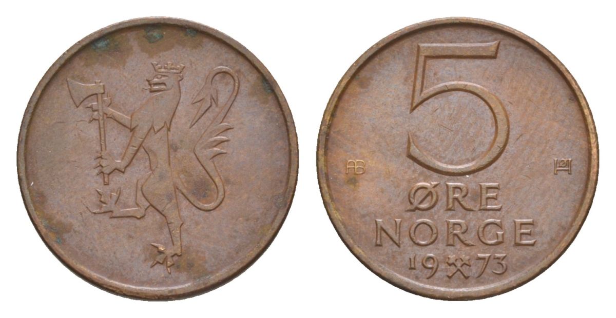 Норвегия 5 эре 1973 Улаф V (1957-1991) KM 415 бронза 4632-1259