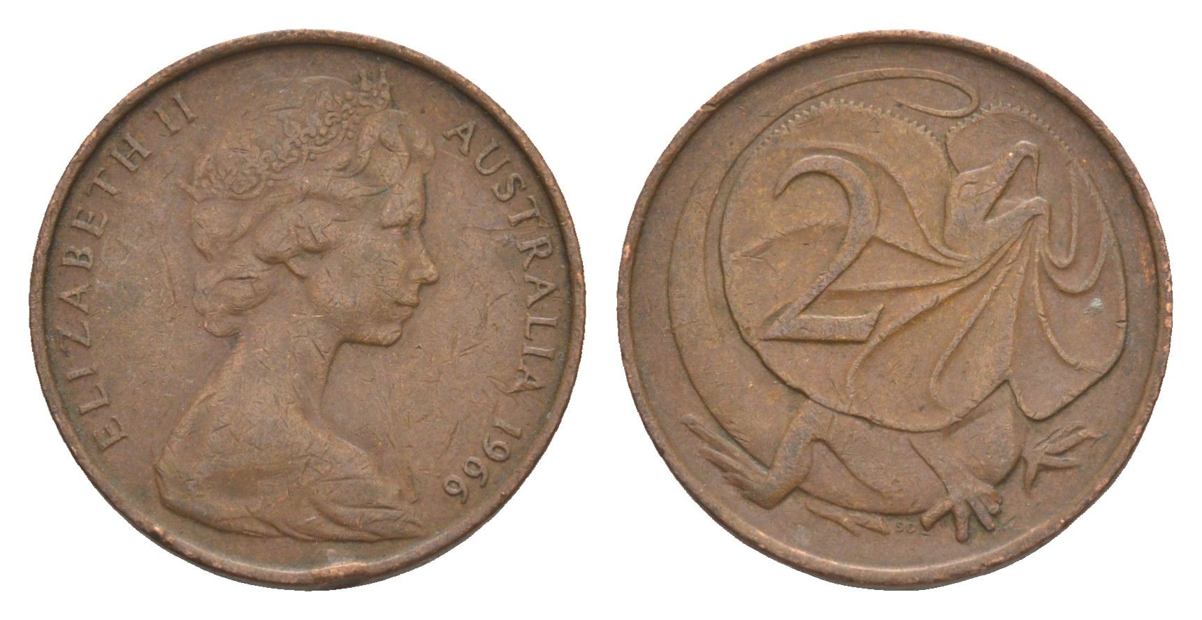 Австралия 2 цента 1966 Елизавета II (1952-2022), плащеносная ящерица KM 63 бронза 4585-1039