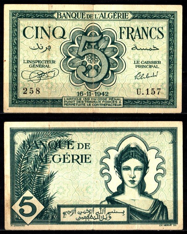 Алжир 5 франков 1942 Pick 91 бумага 2119-40-1-2