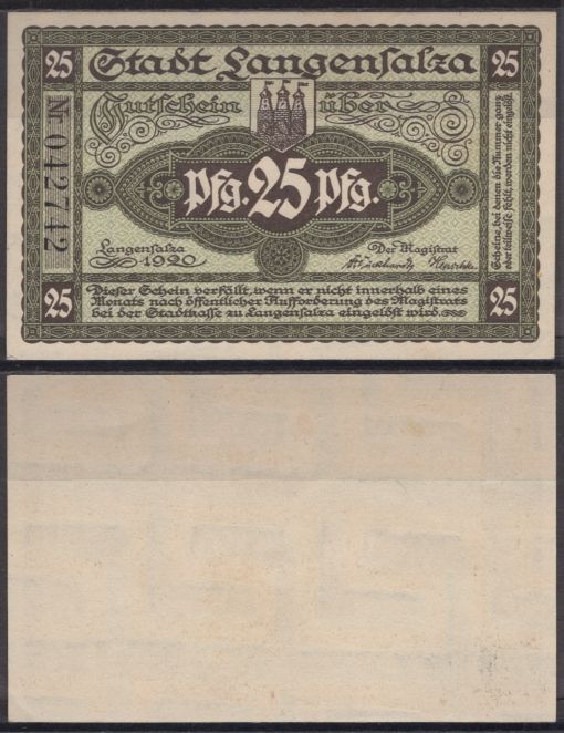 Лангензальца 25 пфеннигов 1920 DeNG 2 L12.6a бумага UNC (пресс) 8608-14-2-2