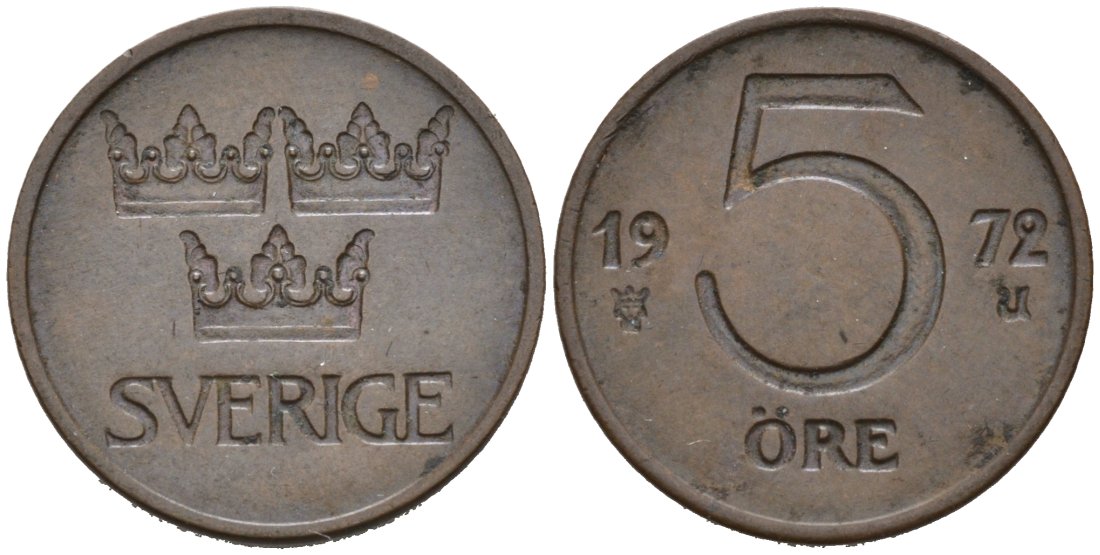 Швеция 5 эре 1972 Густав VI Адольф (1950-1973) KM 845 бронза 4564-736