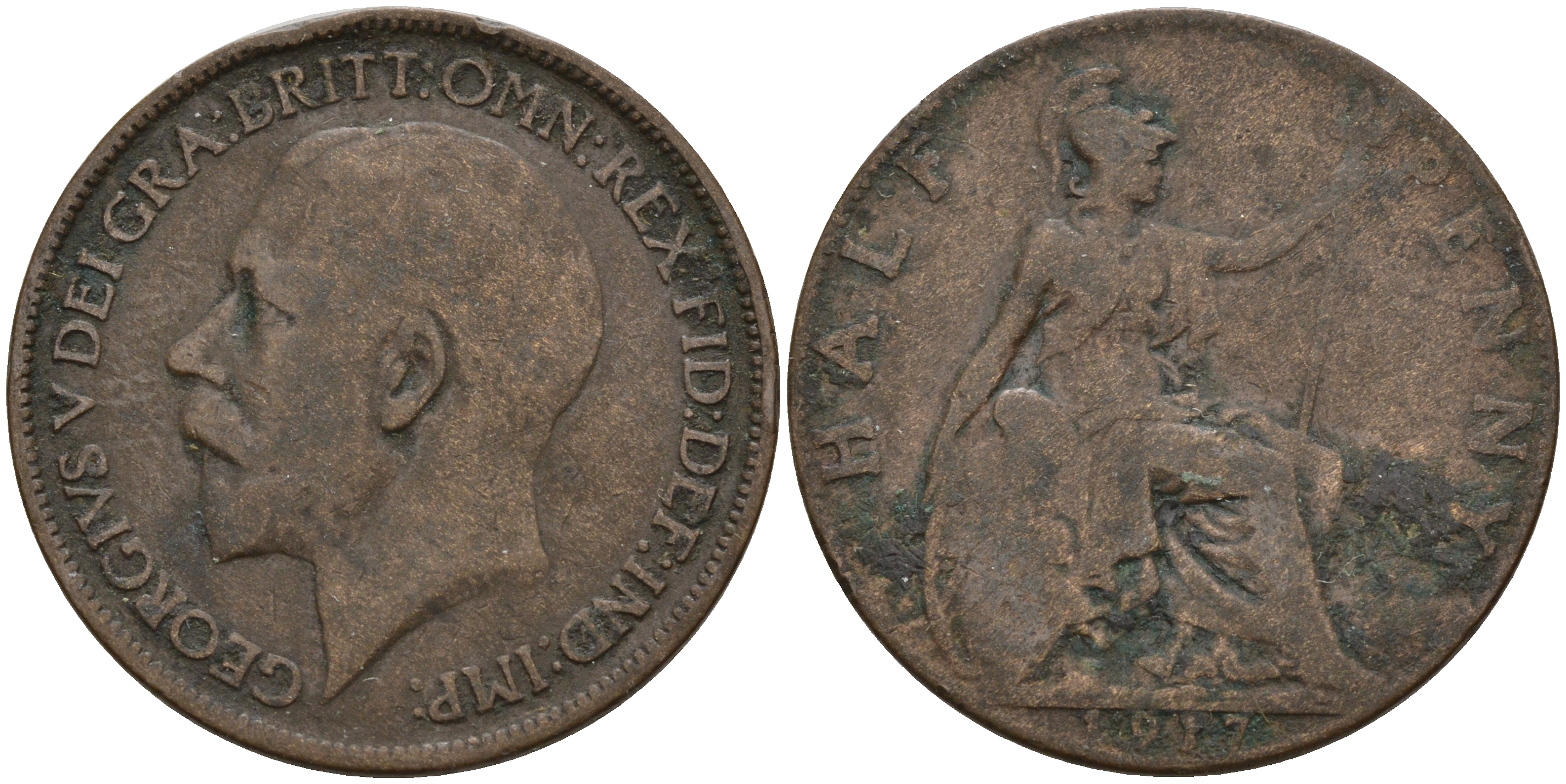 Великобритания 1/2 пенни 1917 Георг V (1910-1936) KM 809, Spink 4056 бронза 4161-742