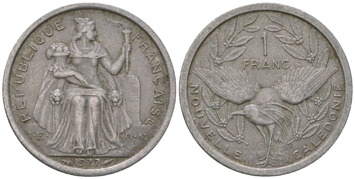 Французская Новая Каледония 1 франк 1977 птица кагу, (IEOM) KM 10, Schoen 10, Lec 40 алюминий    51-1042