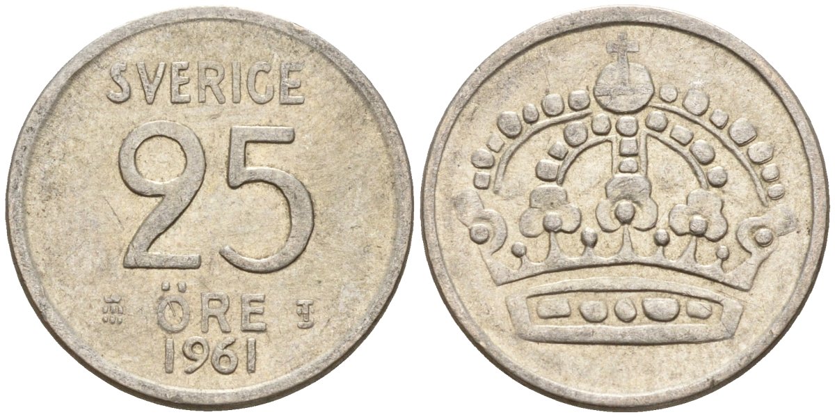 Швеция 25 эре 1961 TS, Густав VI Адольф (1950-1973) KM 824 серебро 4147-1118