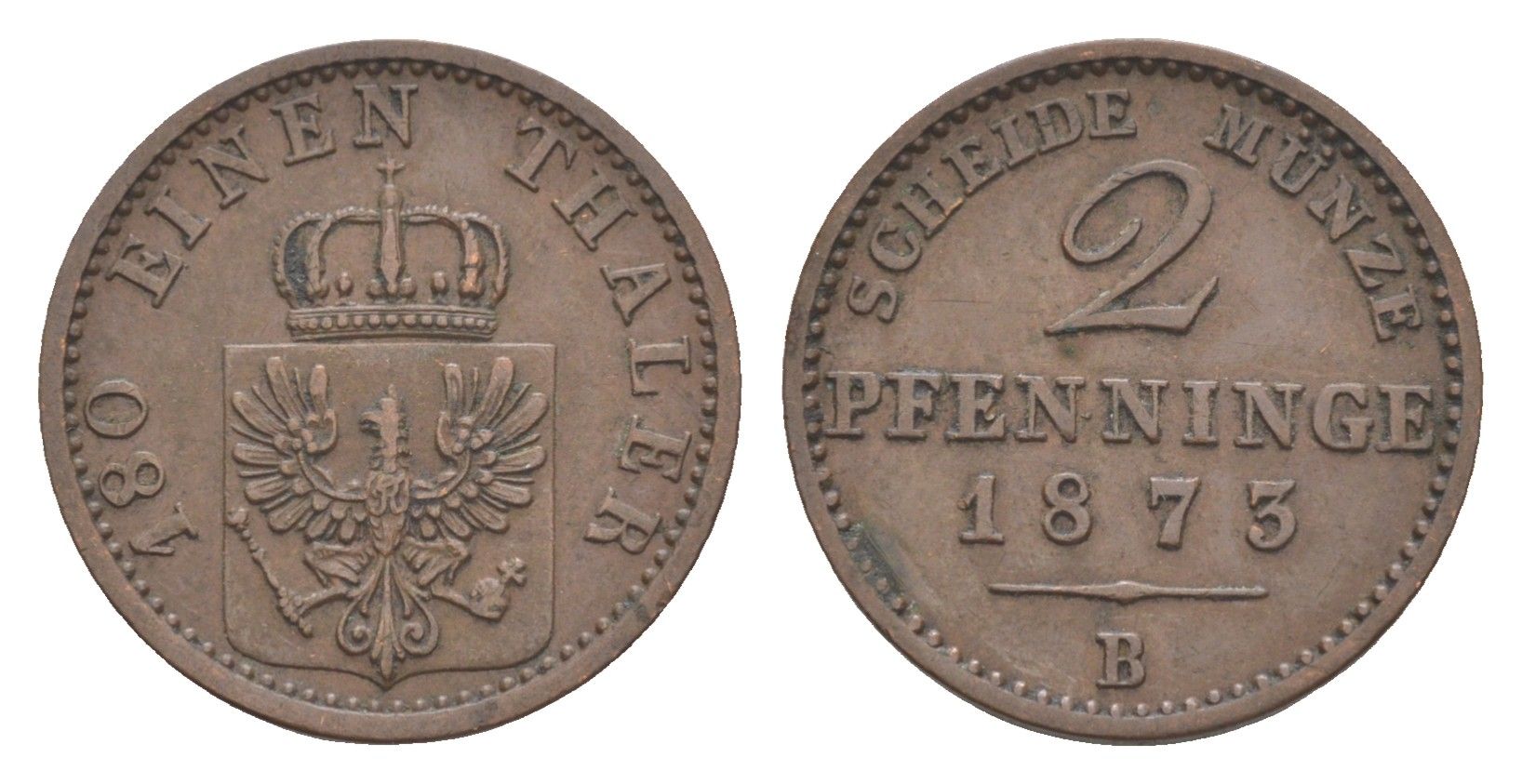 Пруссия 2 пфеннига 1873 B, Вильгельм I (1861-1888) KM 481, Jaeger 51, AKS 107, Olding 425 медь 4651-248