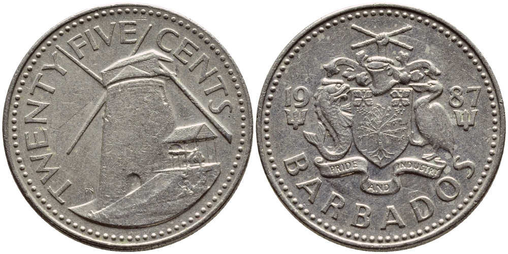 Барбадос 25 центов 1987 ветряная мельница Моргана Льюиса KM 13 медно-никель 4398-426