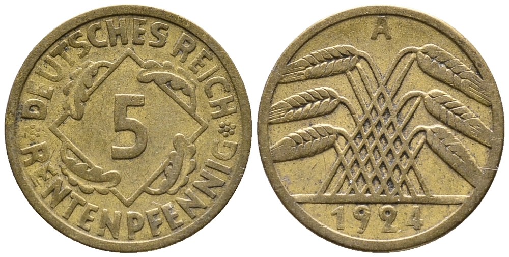 ГЕРМАНИЯ 5 РЕНТЕНПФЕННИГОВ 1924 A KM 32, J. 308 алюминиевая бронза 39-442