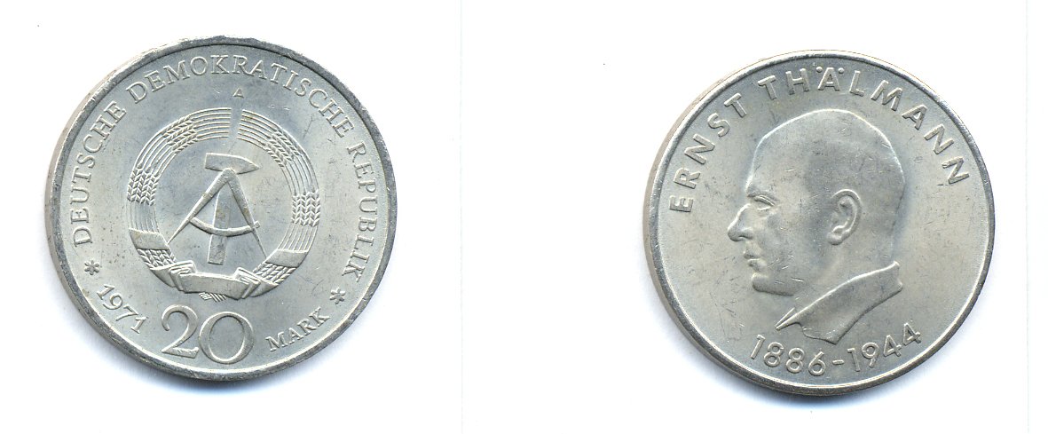ГДР 20 марок 1971 A, 85 лет со дня рождения Эрнста Тельмана KM 34, J. 1535 медно-никель 3333-543