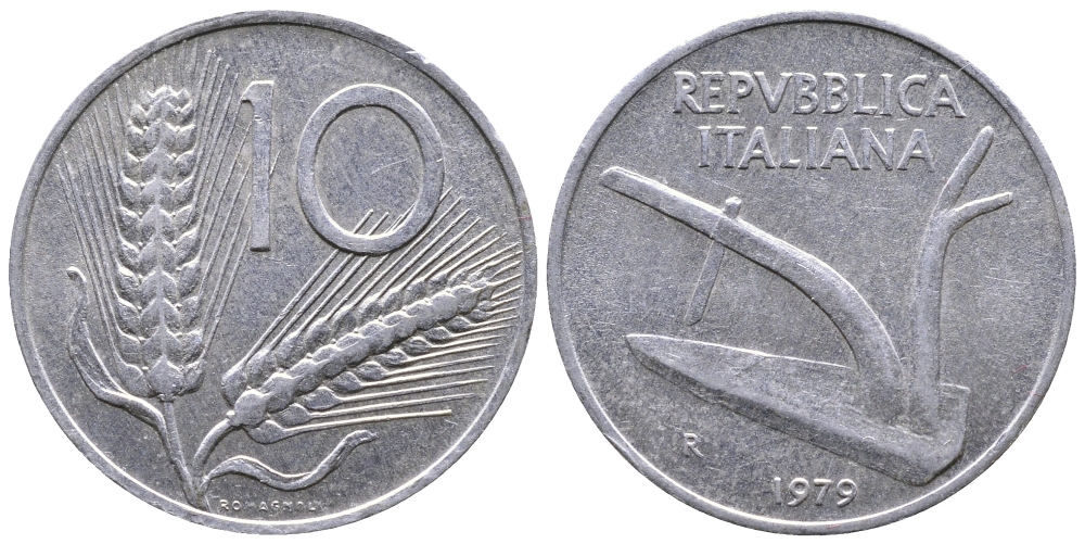 ИТАЛИЯ 10 ЛИР 1979 R, ПЛУГ, КОЛОСЬЯ KM 93 алюминий 51-4535