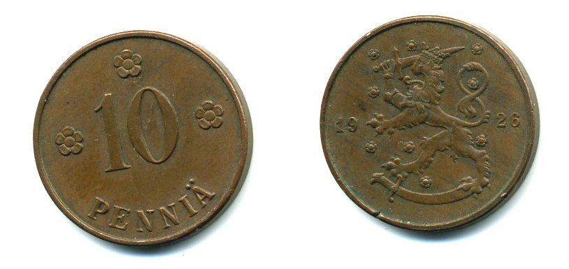 Финляндия 10 пенни 1926 республика (1918-1962) KM 24 медь 46-1515