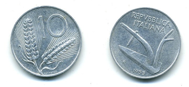 Италия 10 лир 1953 R, плуг, колосья KM 93 алюминий 25-923