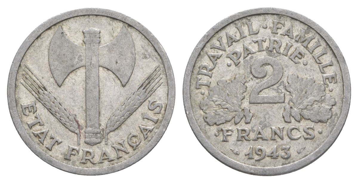 Франция 2 франка 1943 KM 904.1, Le Franc 270 алюминий 4631-542