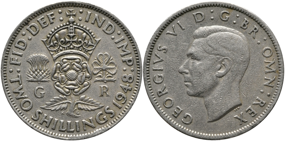 Великобритания 2 шиллинга (флорин) 1948 Георг VI (1936-1952) KM 865, Spink 4102 медно-никель 4394-1144